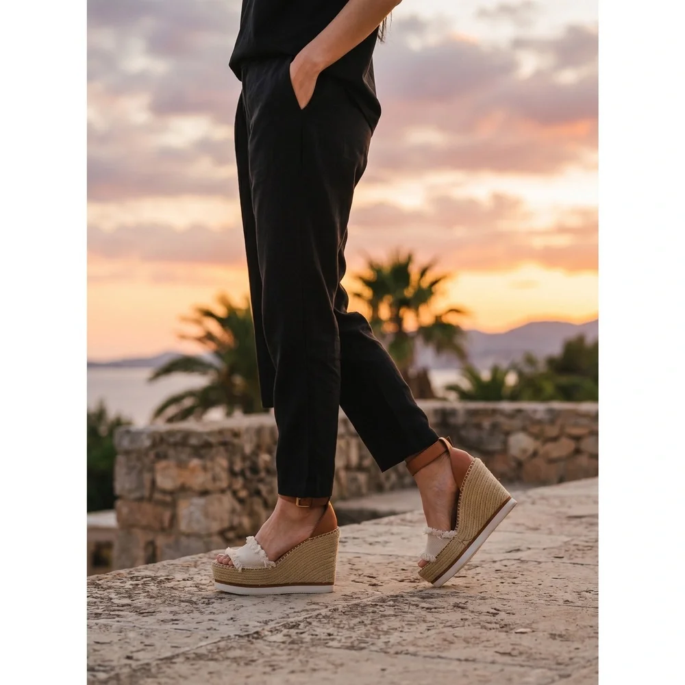 See by‎ Chloe Glyn Fringe Canvas Leather Espadrille Platform Wedge Sandals 38